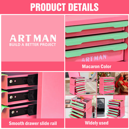 Drawer-style Desktop Storage Box, Office Workstation Organizing Magic Tool, Desk Stationery Storage Rack, Cosmetic Storage Cabinet--Pink-green Colo