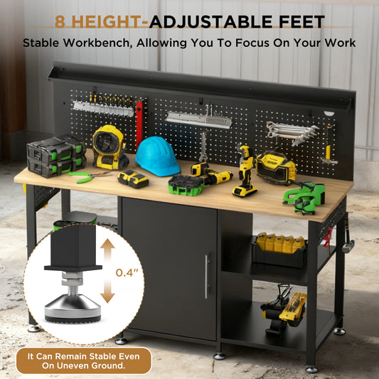 60 Inch Heavy Duty Workbench With Storage Cabinet, Wooden Top, 2000 Lbs Capacity, Large Garage Work Table With Pegboard, Power Outlet
