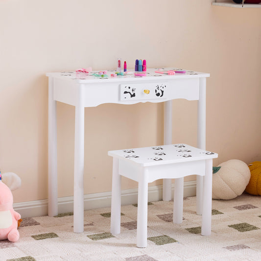 Black And White Panda MDF Painted Finish, Solid Wood Legs, 1-drawer Children's Dressing Table Set, LED Three-color Backlit Touch Switch