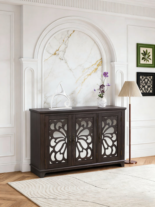 49.33 X 15.55 Spacious Size Countertop Sideboard With 3 Mirrored Doors Adjustable Shelves Buffet Cabinet, Storage Cabinet For Living Room, Bedroom, Dinning Room, Kitchen, Hallway Closet Brown Color