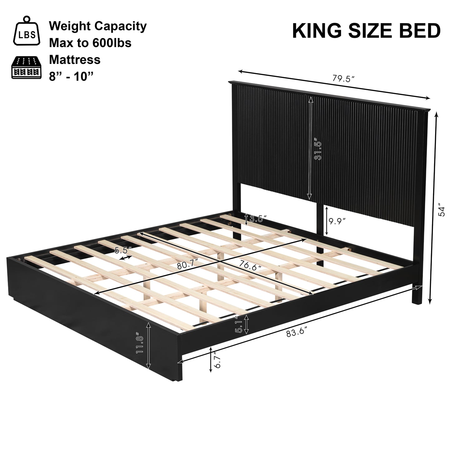 Stylish King Size Bed Frame - Black Solid Wood King Bed, 600lbs Weight Limit, Compatible With 8 - 10 Mattress, Contemporary Bedroom Furniture