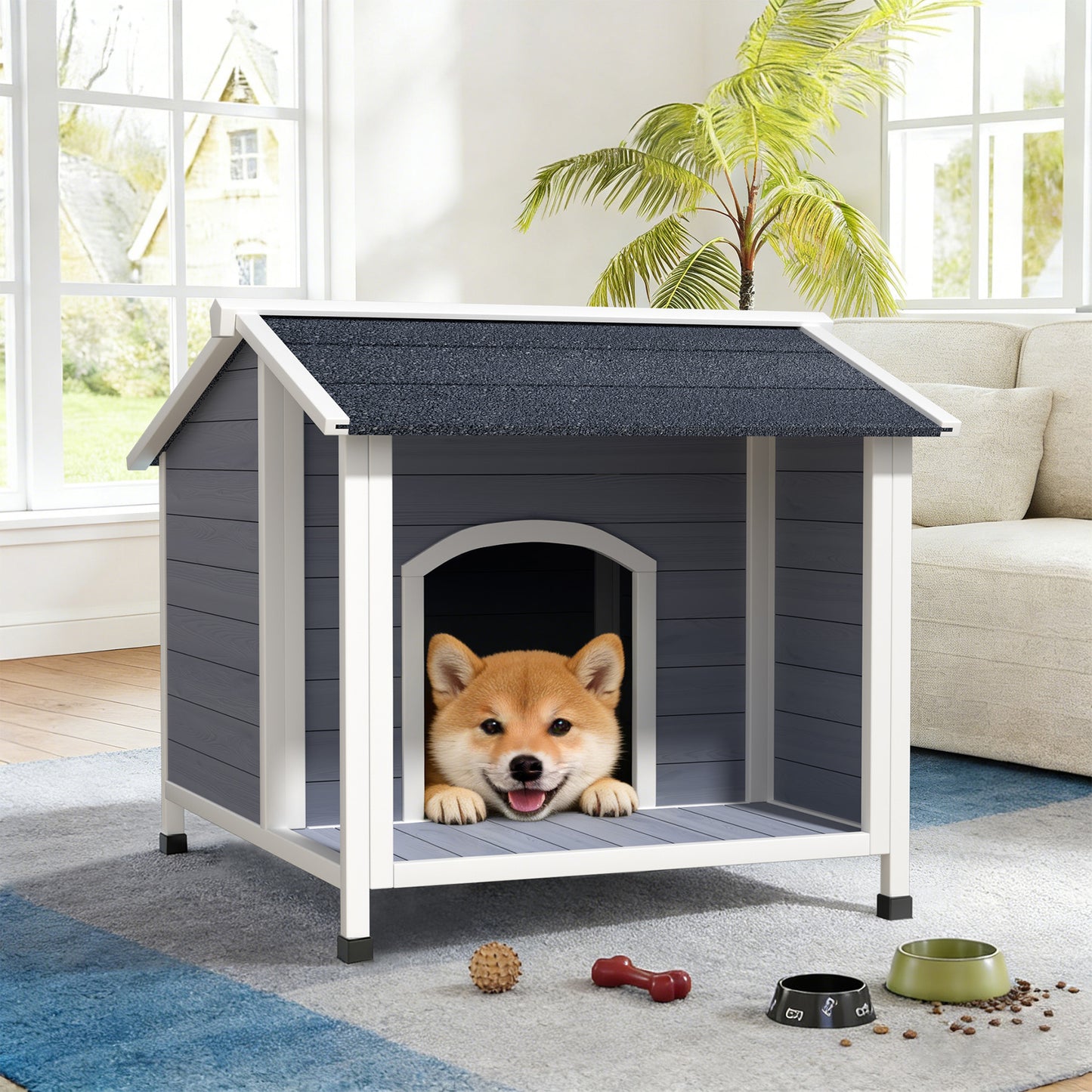 Outdoor Dog House, Weatherproof Wooden Dog Shelter With Asphalt Roof, Raised Floor Design, Easy Assembly, For Small To Medium Dogs