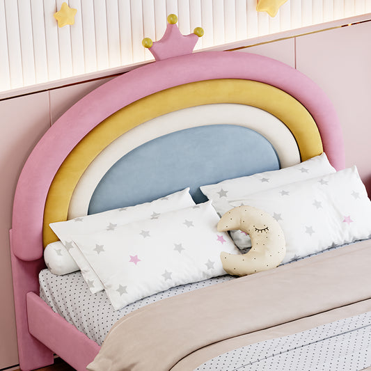 Full Size Upholstered Rainbow Design Bed, Velvet Princess Platform Bed With Storage Drawer, No Box-spring Needed,Colorful&Pink