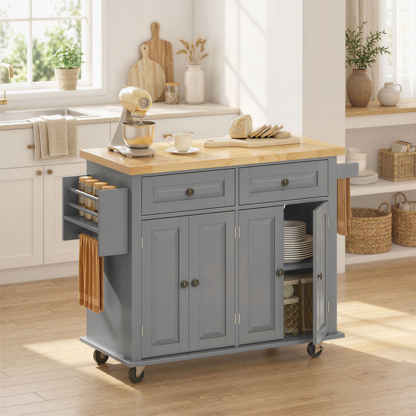Kitchen Island Cart With Rubber Wood Top, Rolling Kitchen Island Table On Wheels With Drawers, Adjustable Shelves, Spice Rack And Towel Rack For Dining Room, Gray