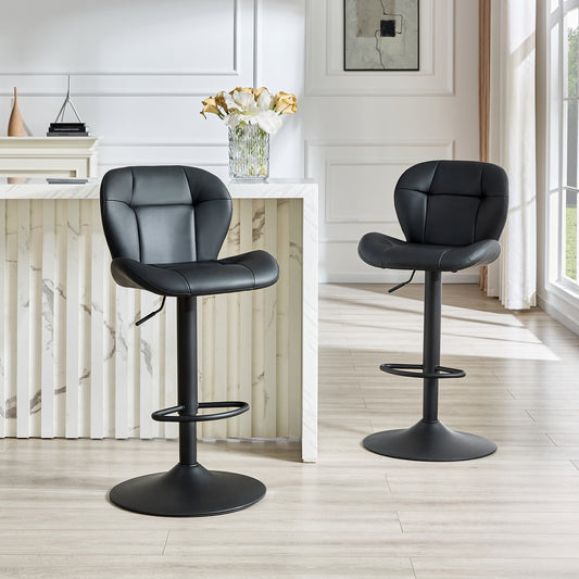 Set Of 2 Height Adjustable Bar Stools, Black PU Upholstered Tufted Back Chairs With Black Metal Base & Footrest For Kitchen Island, Bar, Pub