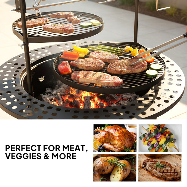 33 Inch Outdoor Fire Pit With 2 Cooking Grills, Wood Burning Firepit With Removable Swivel Grill, For Deck Bonfire Patio Picnic, Black