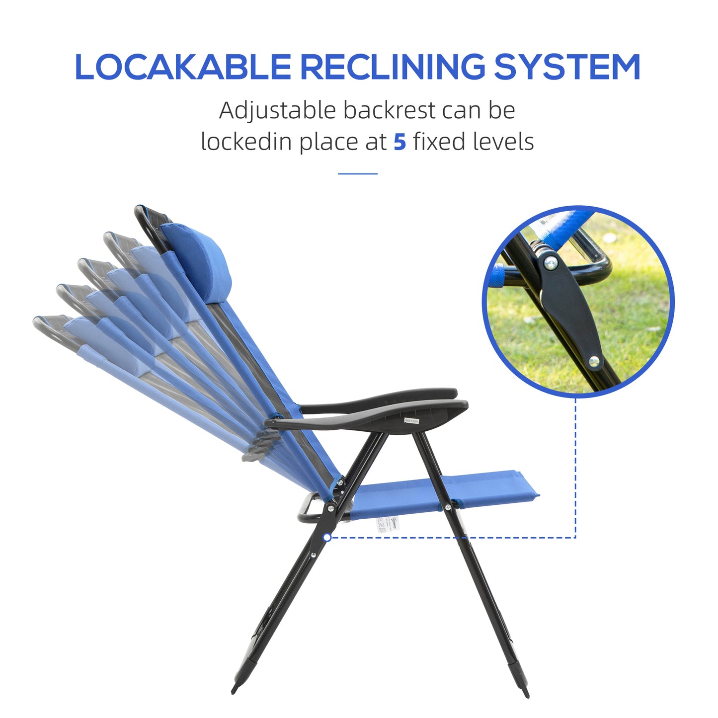 Folding Patio Dining Chairs Set Of 2, Outdoor Deck Chair With Removable Headrest, Camping Chair With Adjustable Sling Back For Garden, Backyard, Lawn, Blue
