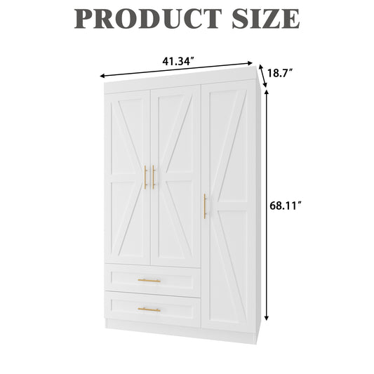 Shaker Style Classic Three-Door Wardrobe, Wood Bedroom Armoire With Hanging Rod And Shelves, Spacious Storage Closet, Modern Farmhouse Design