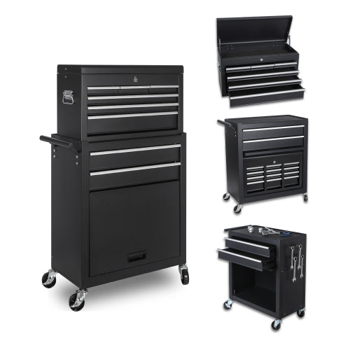 Tool Chest, 8-Drawer Rolling Tool Storage Cabinet With 2 In 1 Detachable Top Tool Box, Liner, Lockable Wheels, Side Hooks, Locking Mechanism, Metal Tool Cart For Garage