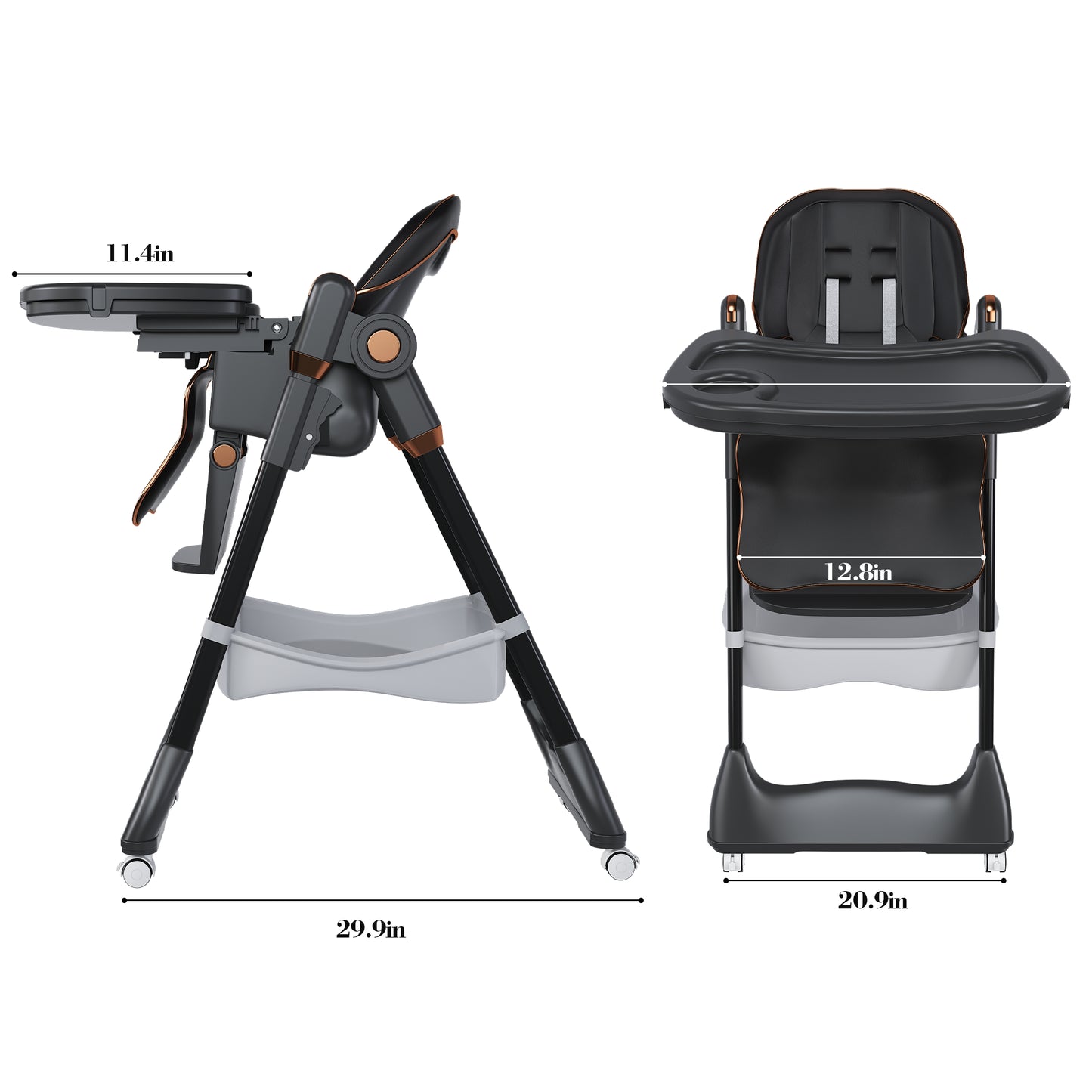 Adjustable Baby High Chair 0-6 Years -Portable Infant Feeding Seat With Safety Belt, Silent Lockable Wheels & Easy-Clean Design For Home, Dining, Living Room, Bedroom Black