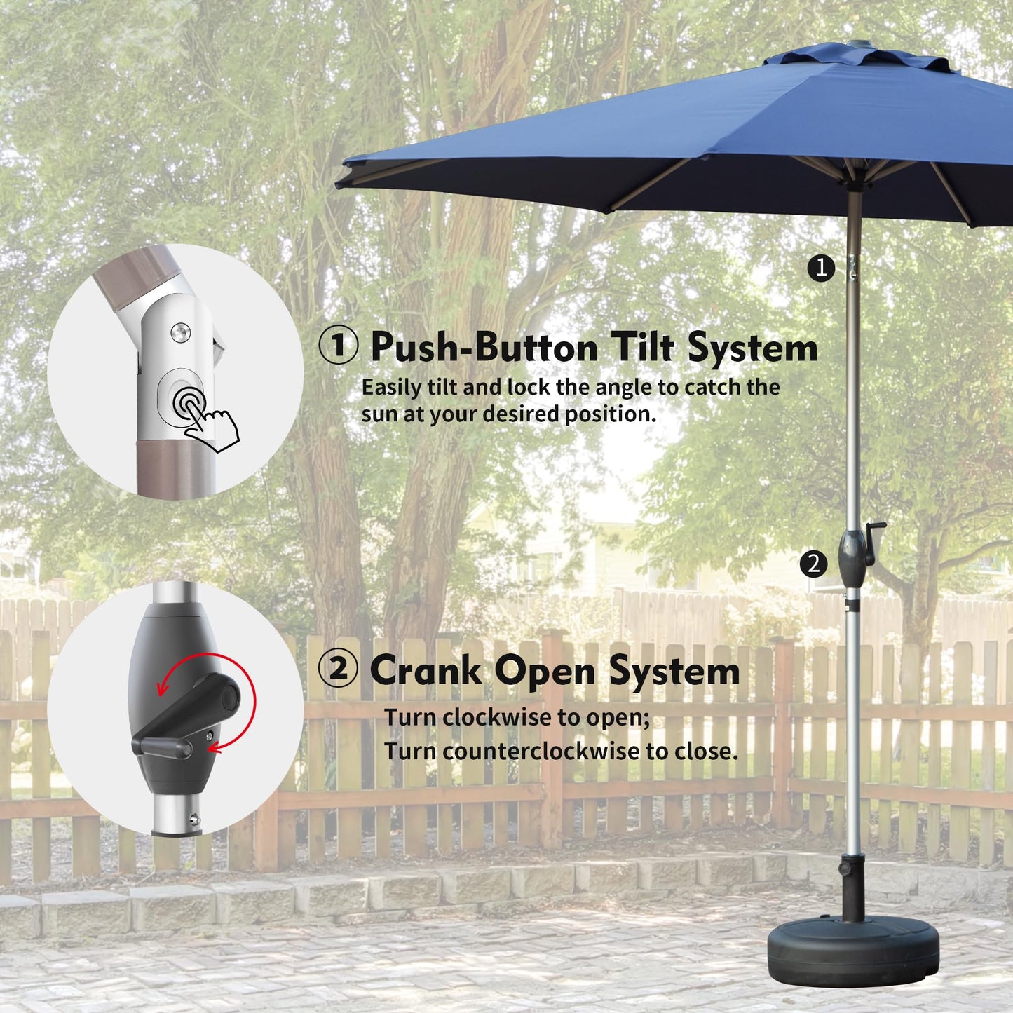 10FT Patio Umbrella, Outdoor Table Umbrella With Push Button Tilt And Crank, UV Protection Waterproof Market Sun Umbrella With 8 Sturdy Ribs For Garden, Backyard, Pool Navy Blue - Base Not Include
