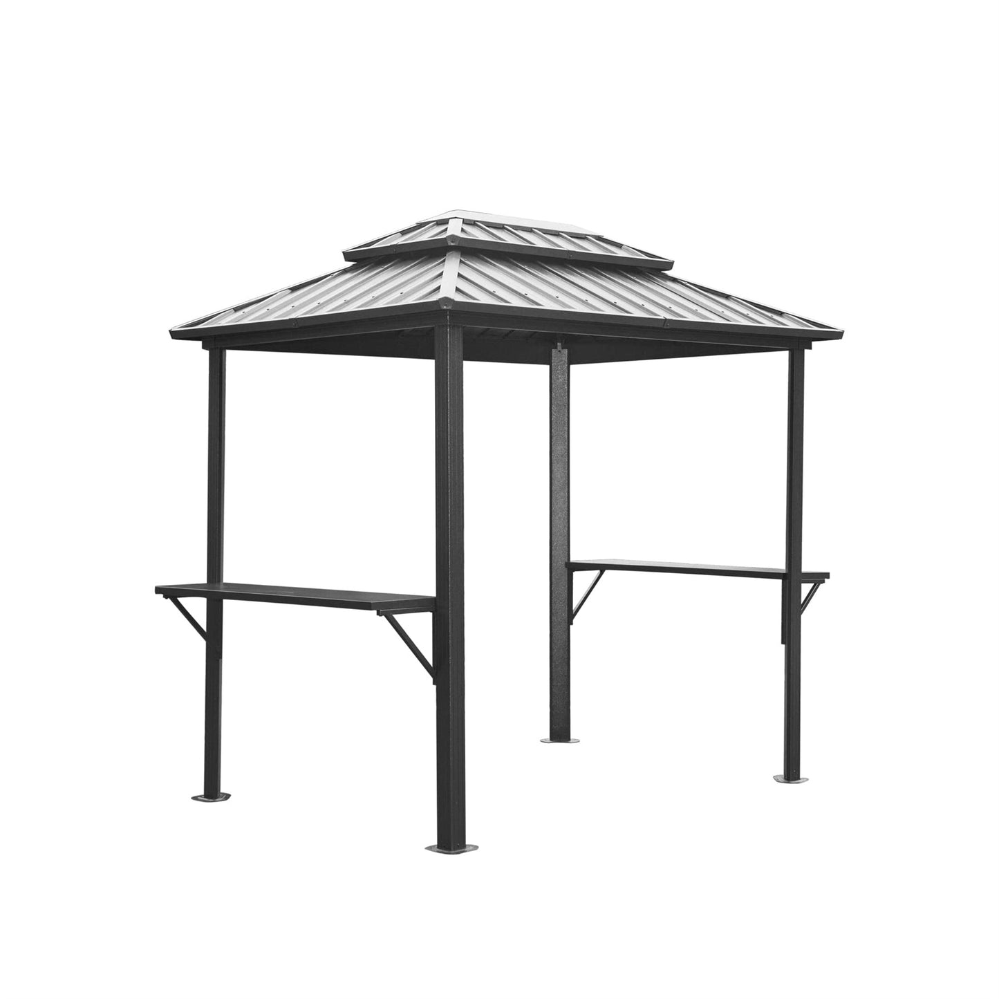 Grill Gazebo 8 X 6 , Aluminum BBQ Gazebo Outdoor Metal Frame With Shelves Serving Tables, Permanent Double Roof Hard Top Gazebos For Patio Lawn Deck Backyard And Garden Grey