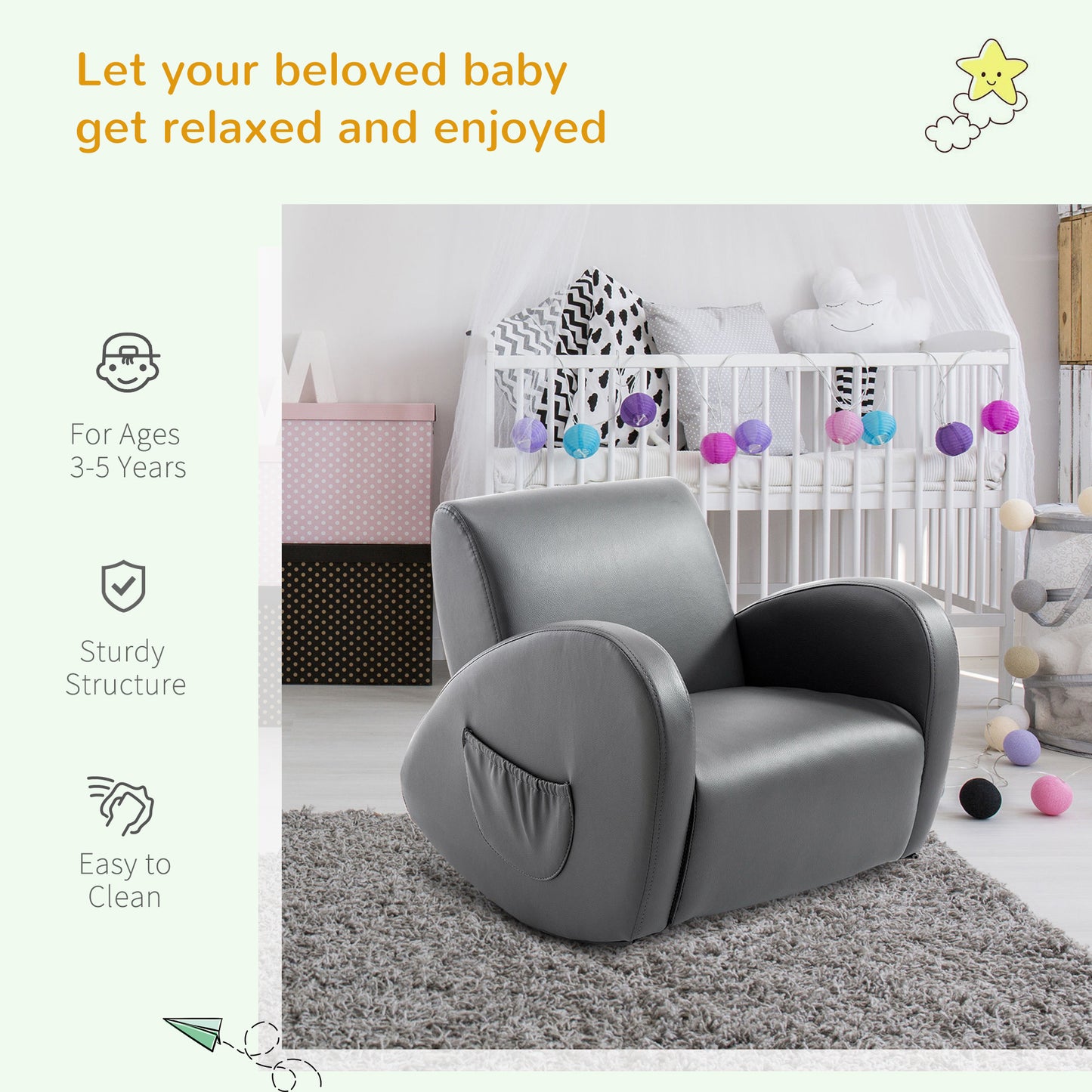 Kids Sofa Rocking Chair With Side Pocket, PU Leather Toddler Armchair For Children Grey