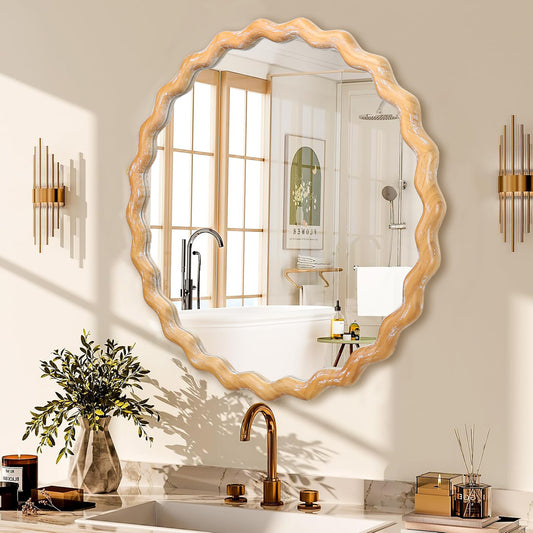 27.5 Inches Round Wavy Wall Mirror For Bathroom Vanity, Wooden Farmhouse Circle Mirrors For Bedroom, Entryway, Living Room, Kithen Whitewash Edge Decorative Mirror For Home, Office