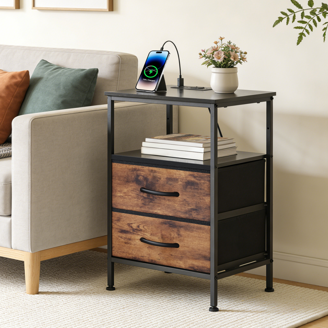 A Small Bedside Table With A Charging Station And Two Fabric Drawers, And A Side Bedside Table