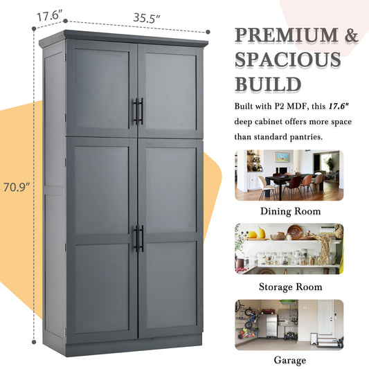 TOPMAx 35.5x17.6x70.9inch Freestanding Kitchen Pantry Cabinet Tall Storage Cabinet With 4 Doors 2 Door Shelves 8 Pull- Out Trays And Adjustable Shelf For Dining Room Gray