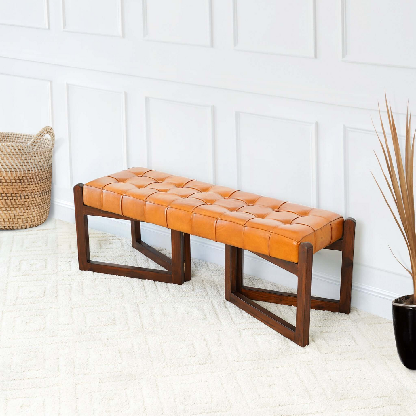 Mid-Century Riley Tan Bedroom Leather Bench With Solid Wood Frame And Tapered Legs 18.9 H X 52.4 W X 17.3 D For Entryway Dining Room Living Room Bedroom End Of Bed