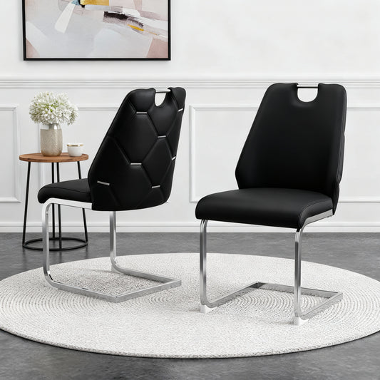 Dining Chairs Set Of 4, Black Faux Leather Kitchen Chairs With Gold Mesh Texture, Silver Back Ring And Chrome Pull Handle, High Back Upholstered Dining Room Chair Black, Set Of 4