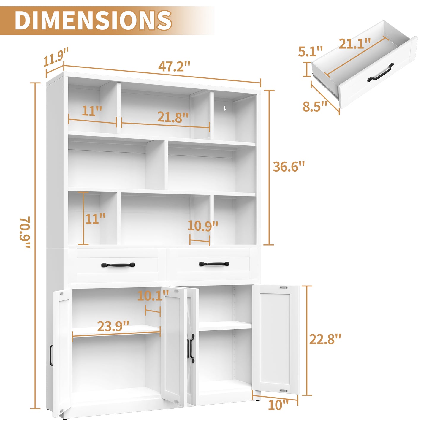 71 H Metal Bookcase With 2 Doors & 2 Drawers, Tall Storage Cabinet With Fixed Open Shelves For Home Office, Living Room, Modern Bookshelf, White