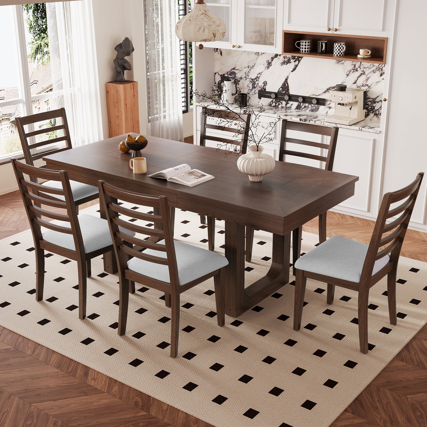 7-Piece Extendable Dining Table Set, Farmhouse Extendable Table With 18 Move Leaf, 78 Rustic Wooden Kitchen Table And 6 Piece Upholstered Chairs, Expanding Dining Room Table Set, Walnut Beige