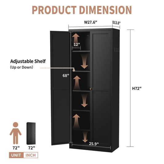 72 Black Metal Kitchen Pantry Cabinet With Doors, Heavy-Duty Freestanding Storage Organizer With 5 Adjustable Shelves, Tool-Free Assembly For Pantry, Kitchen, Bathroom