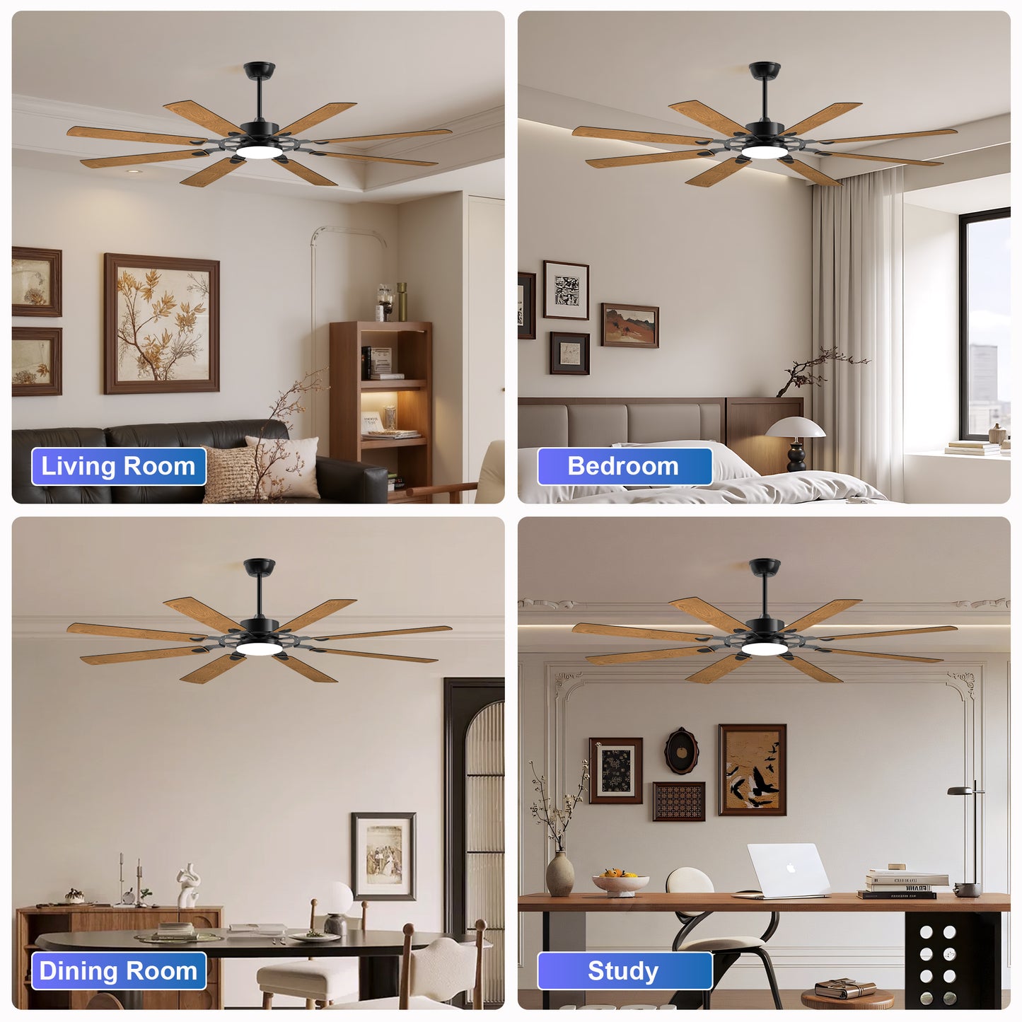 72-Inch 8-Blade Large Ceiling Fan,Reversible Quiet DC Motor,Indoor Outdoor Modern Ceiling Fan,Suitable For Kitchen,Living Room And Terrace,Black.