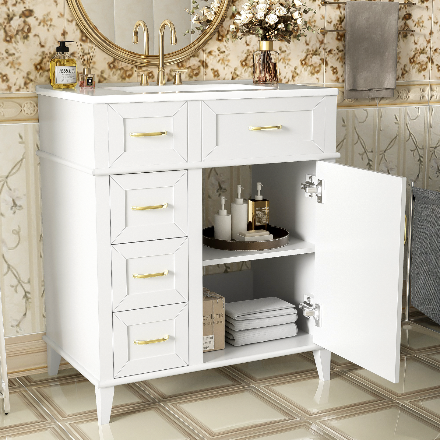 30-Inch Bathroom Vanity With Ceramic Sink, Adjustable Shelf, Soft Close Door, And Three Soft Close Drawers