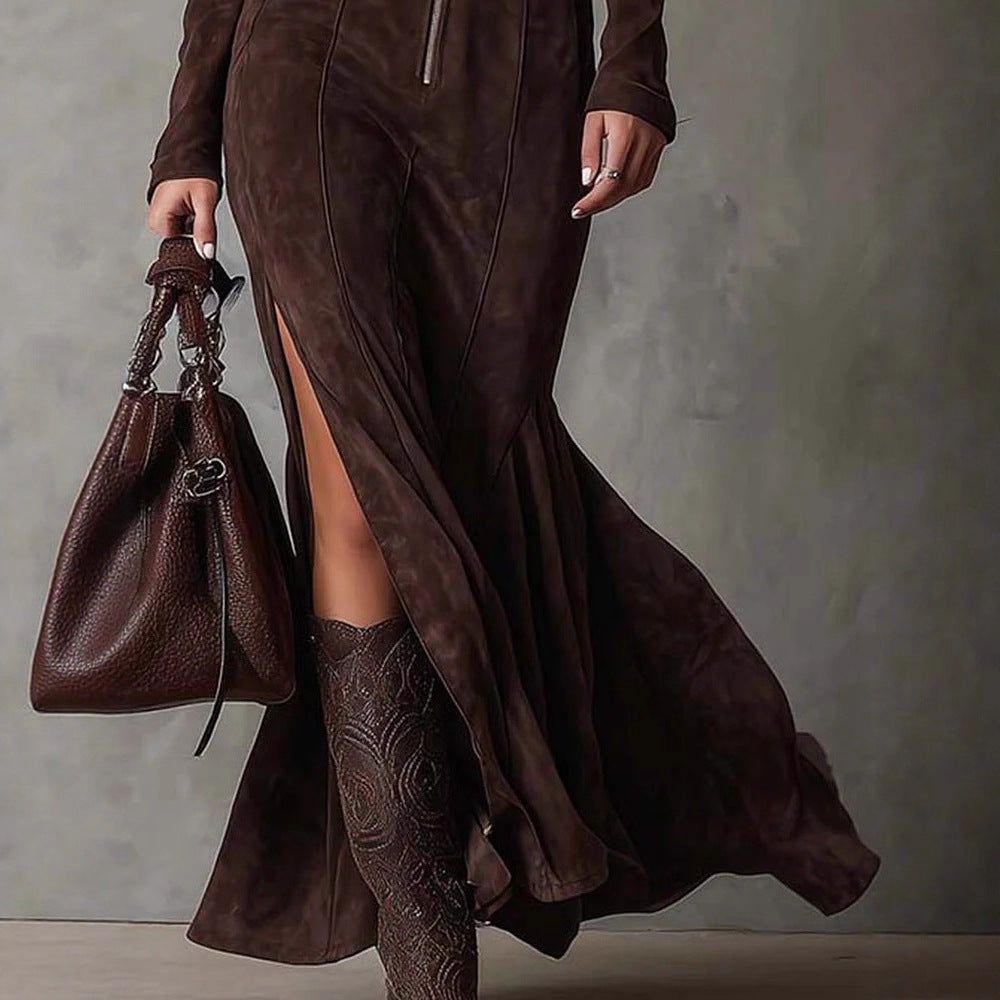 Slim Zipper Dress Elegant Temperament Split Long-sleeved Dresses Cowboy Fashion Retro Women's Clothing