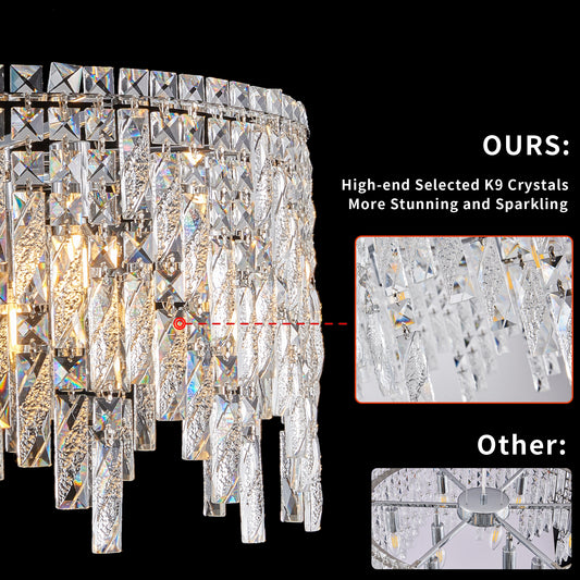 L5024-600-C 24 Luxurious Round Silver Crystal Chandelier, Contemporary Rectangular Pendant Light For Dining Room, Living Room, And Grand Foyers Bulbs Not Included