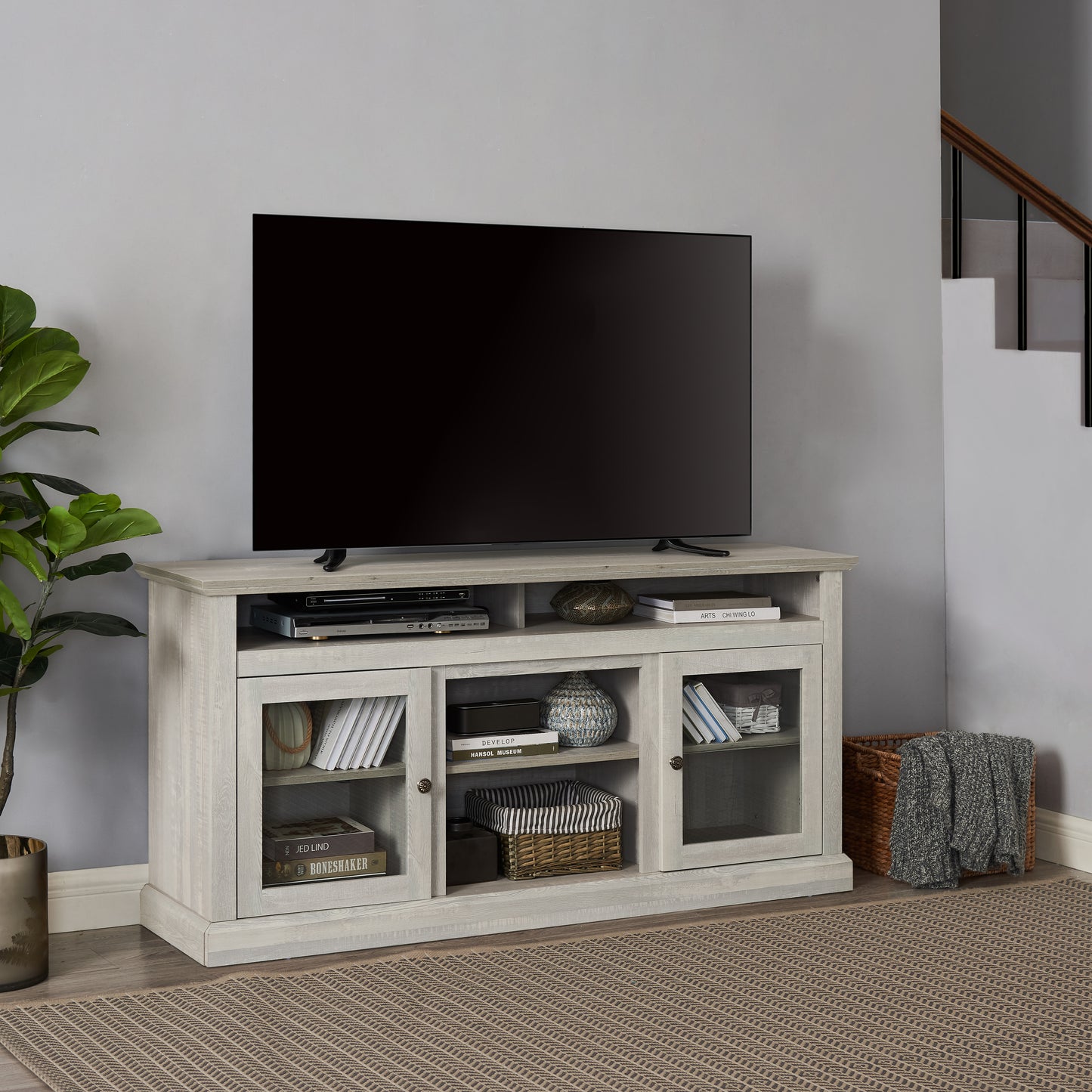 Contemporary TV Media Stand Modern Entertainment Console For TV Up To 65 With Open And Closed Storage Space, Stone Gray, 60 Wx15.75 Dx29 H