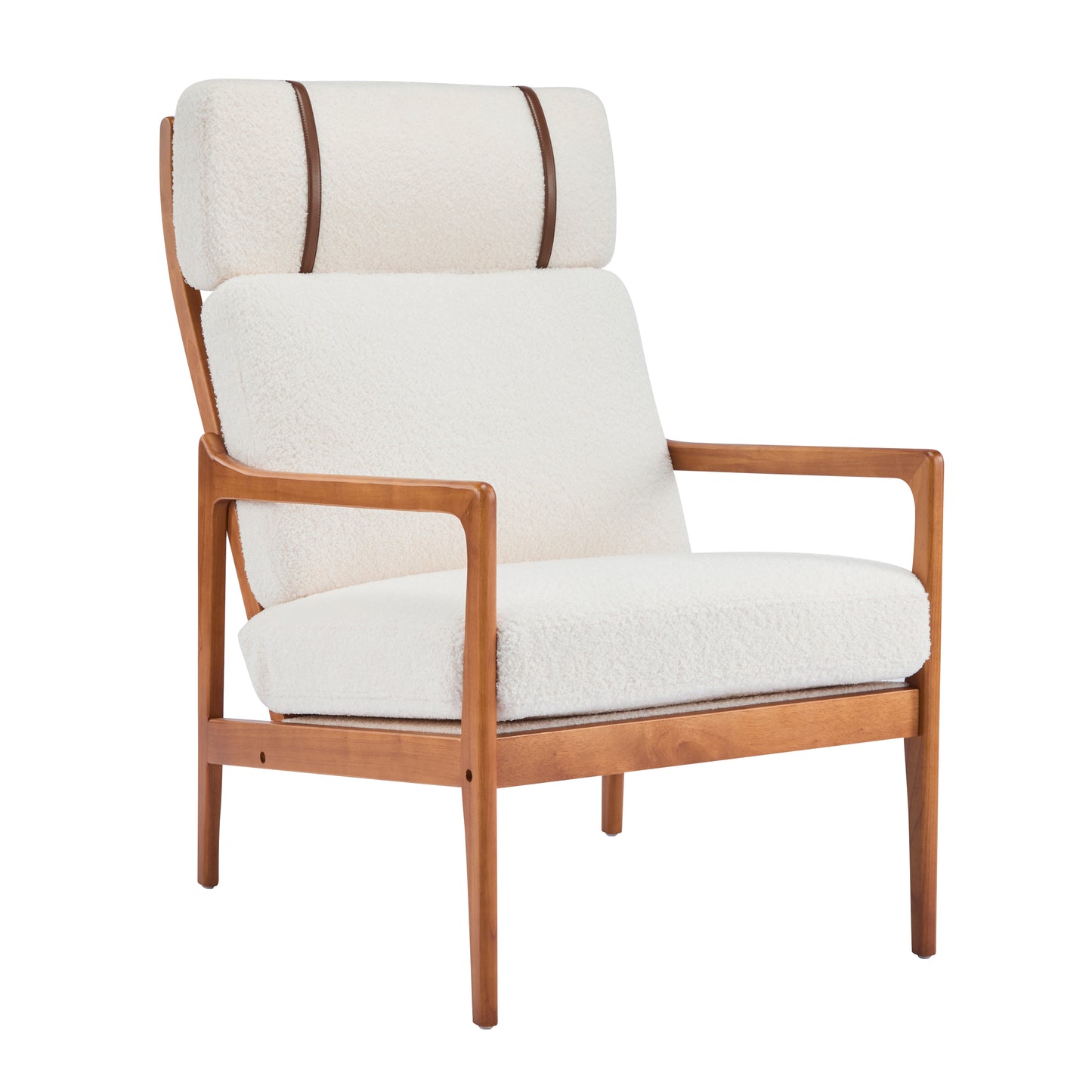 Mid Century Modern Accent Armchair, Solid Wood Frame With High Back, Beige Boucle Upholstered Cushions, Ergonomic Lounge Chair For Living Room Bedroom Reading Nook