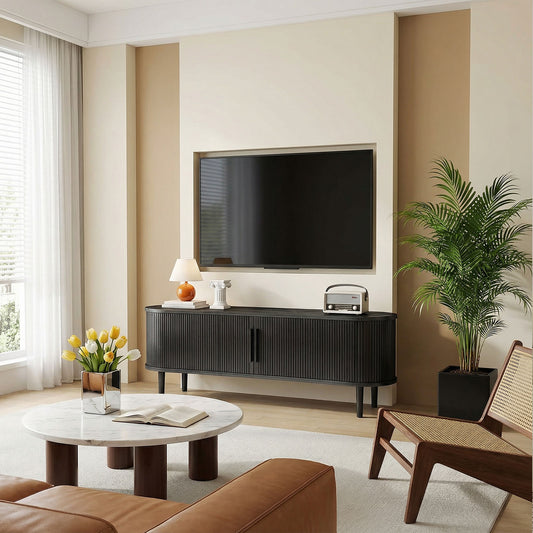 63in Fluted TV Stand Modern Media Console Table Entertainment Center With Sliding Door And Solid Wood Legs For Living Room Bedroom Office Black