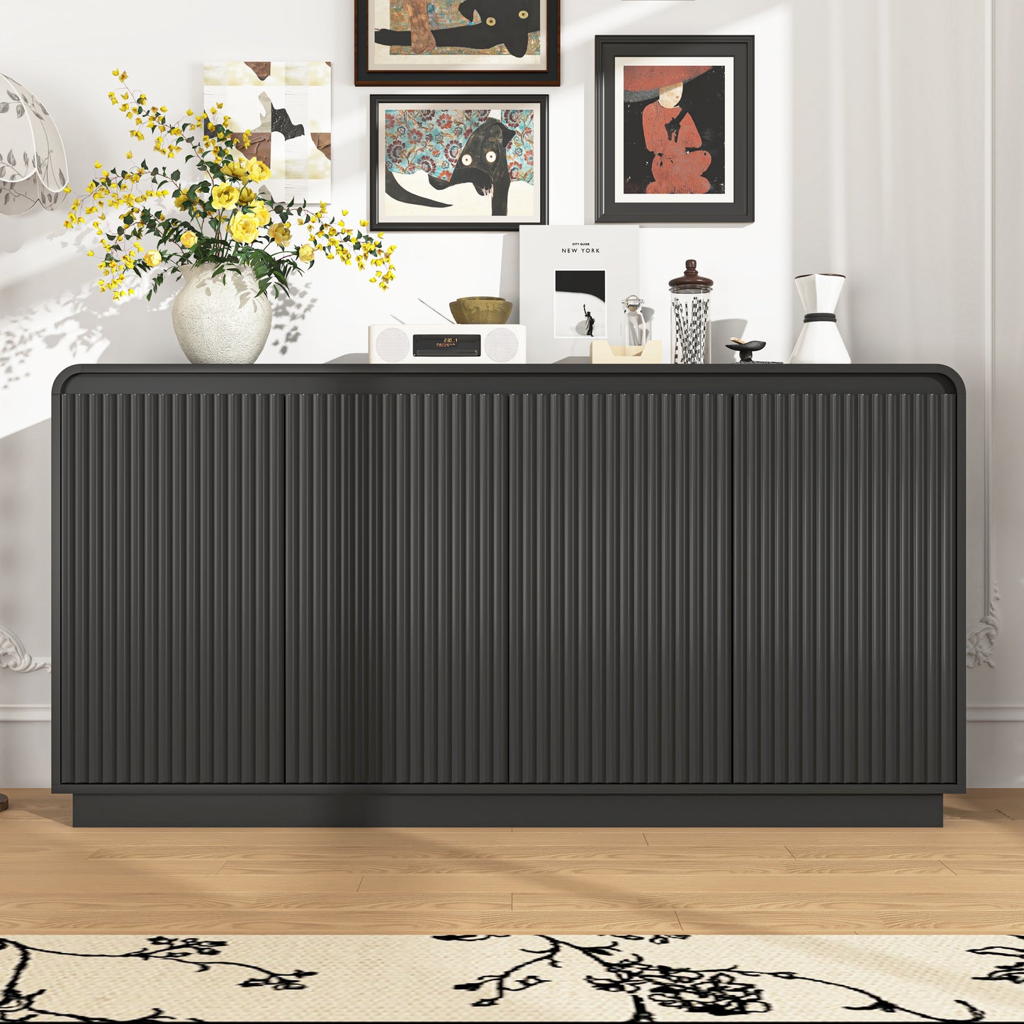 Black 4-Door Fluted TV Stand With Power Outlet, Handleless Wave Design Entertainment Center, Adjustable 3-Tier Particle Board Storage Cabinet, Multi-Functional Media Console & Buffet Sideboard