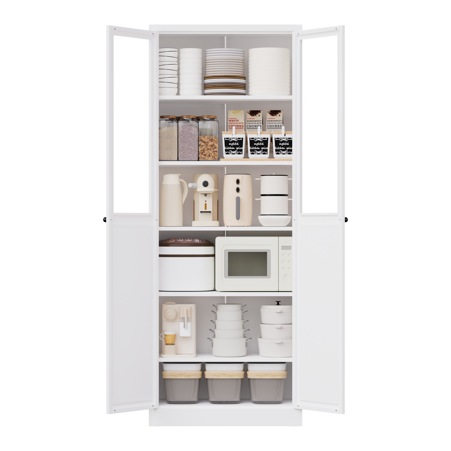 72 Metal Kitchen Pantry Cabinet With Doors & Shelves, Tall Heavy-Duty Adjustable Storage Organizer, Tool-Free Assembly Freestanding Cabinet For Living Room, Bathroom, White