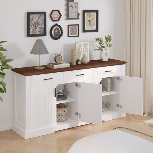 63 Fluted Sideboard Buffet Cabinet With Storage, Modern Coffee Bar Station With 4 Doors And 3 Drawers, Kitchen Storage Console Table For Living Room Dining Room Entryway, White