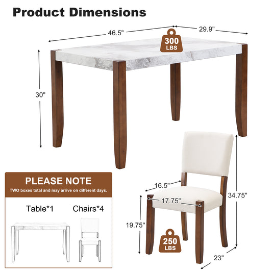 5-Piece Dining Table Set For 4, 46 Faux Marble Style Table And 4 Upholstered Chairs With Solid Rubberwood Legs, Padded Seat, Curved Backrest, Space-Saving Dinette Set For Dining Room, White-SQ000885