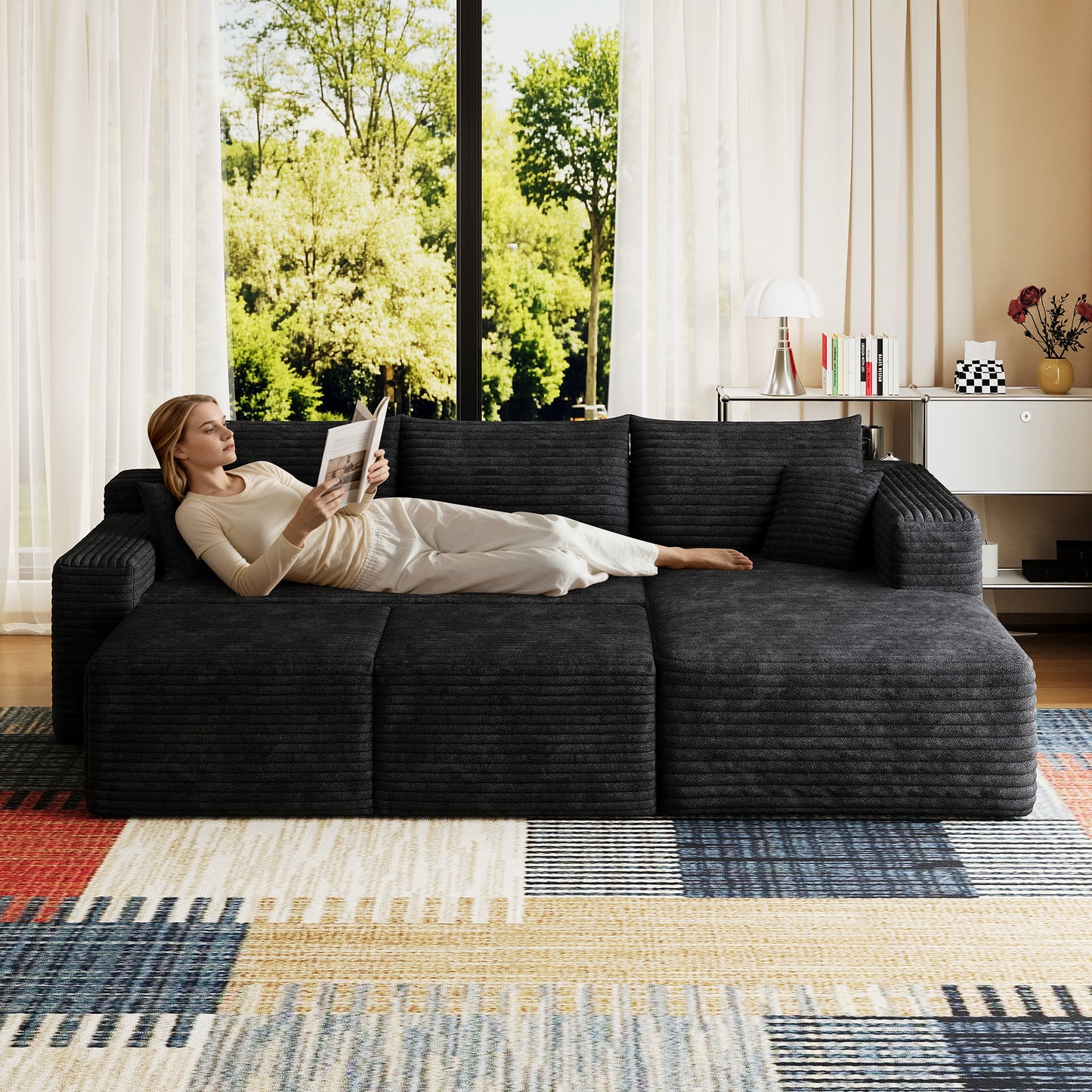 95 Cloud Sectional Sofa With 2 Ottoman,Modern Minimalist Upholstered Couches, Comfort U Shaped Sofa For Living Room,Deep Seat Corner Couch,No Assembly Required,Black Plush Corduroy Fabric