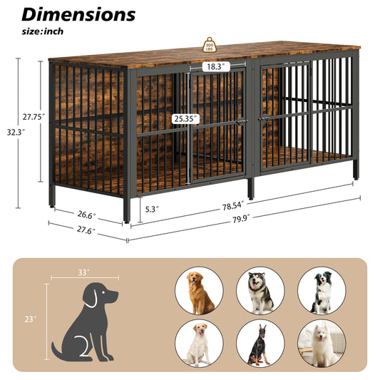 80 Dog Crate End Table, Heavy Duty 2-Door Indoor Pet Kennel, Multipurpose Dog House Furniture As TV Stand Or Side Table For Living Room, Large & Medium Dogs. Rustic Brown