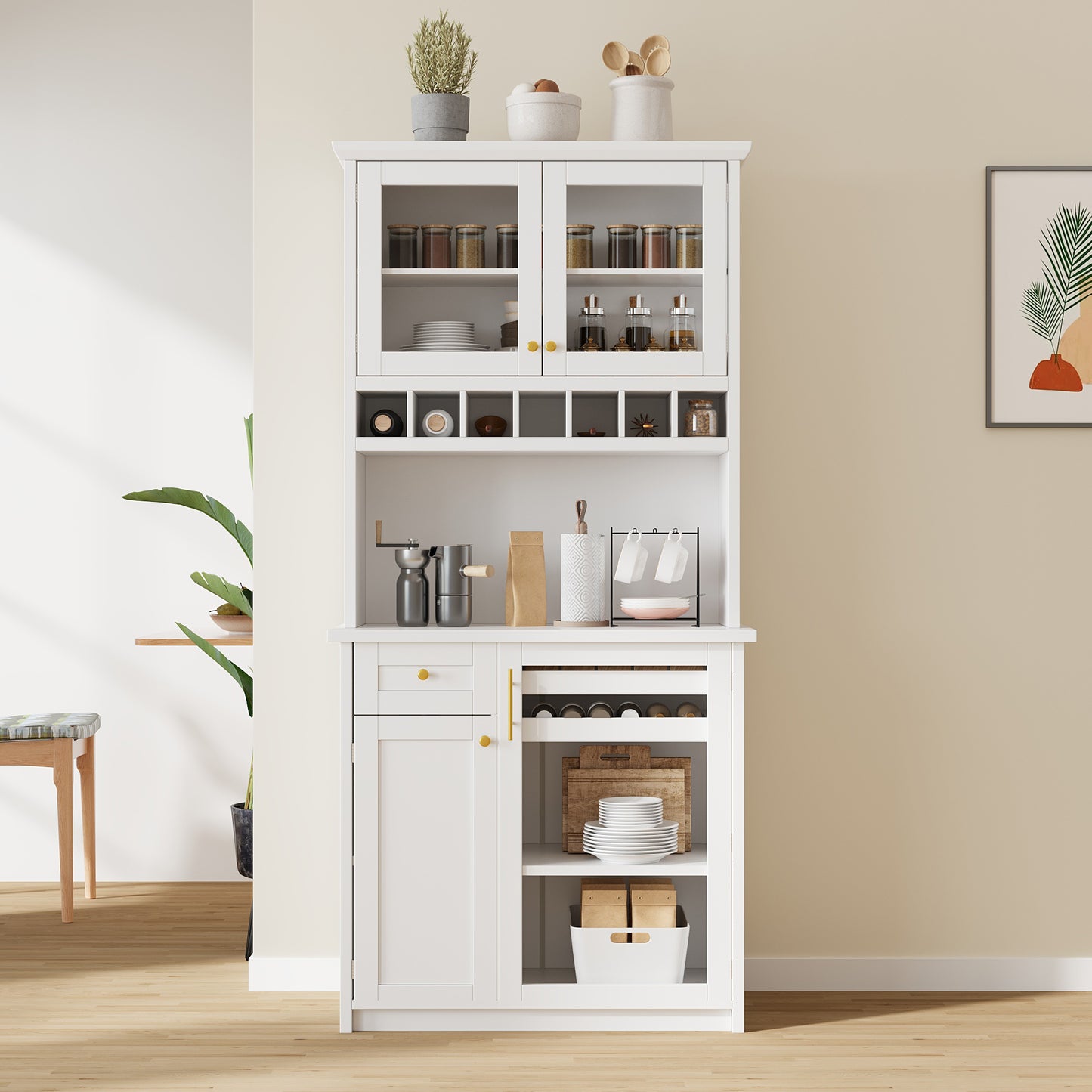 TOPMAx Farmhouse 35.4x17.7x74.8inch Freestanding Buffet With Hutch Tall Kitchen Pantry Storage Cabinet With Wine Rack And Adjustable Shelves For Dining Room White