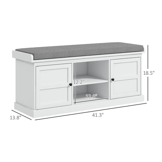 Shoe Storage Bench With Cushioned Seat, Entryway Bench Seat With 2 Cabinets And Adjustable Shelf For Hallway, White