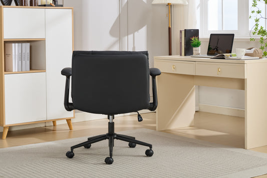 With Flip-Up Armrests Leather, Cross Legged Office Chair On Wheels, Comfy Swivel Chair With Wide Seat For Home Office, Vanity, Ergonomic Desk Chair Adjustable, Black