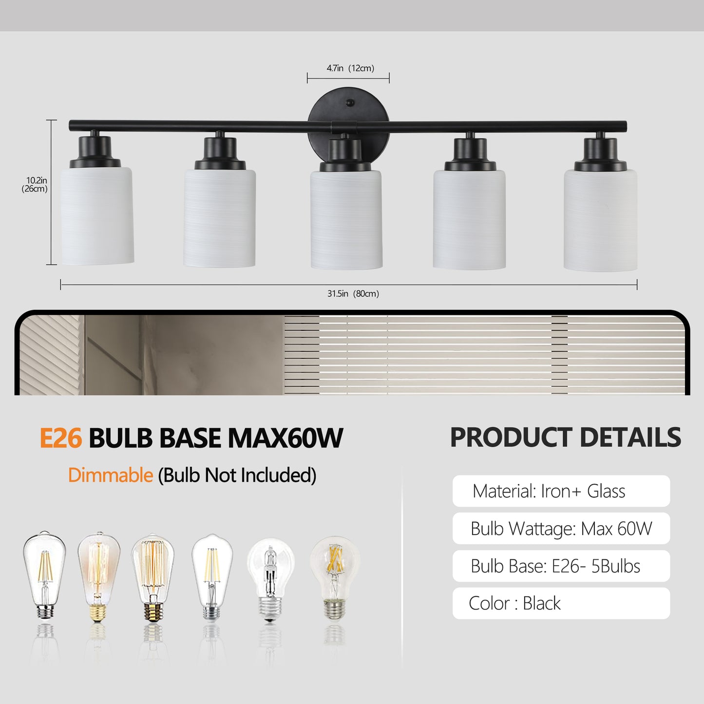 31 Modern 5-Light Vanity Bathroom Mirror Light, Frosted White Glass With Black Iron Frame, Contemporary Wall Sconce For Bedroom, Bathroom, And Dressing Room Bulb Not Included