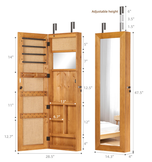 Solid Wood Jewelry Armoire Organizer Cabinet With Full-Length Mirror, 47.5x14.3 In Wall-Mounted Lockable With LED Light
