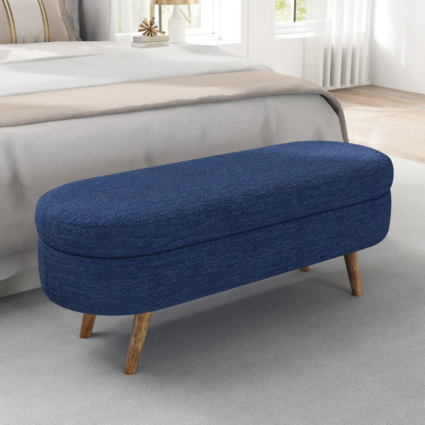 Ottoman Oval Storage Bench,Rubber Wood Legs,BLUE 43.5x16x16