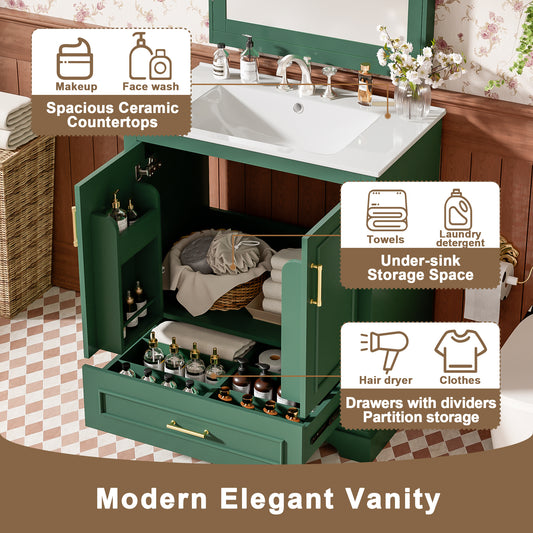 30 Bathroom Vanity With Sink, MDF And Solid Wood Frame, 1 Divider Drawer And 2 Soft-close Doors Double Shelf On Door , Freestanding Vanity