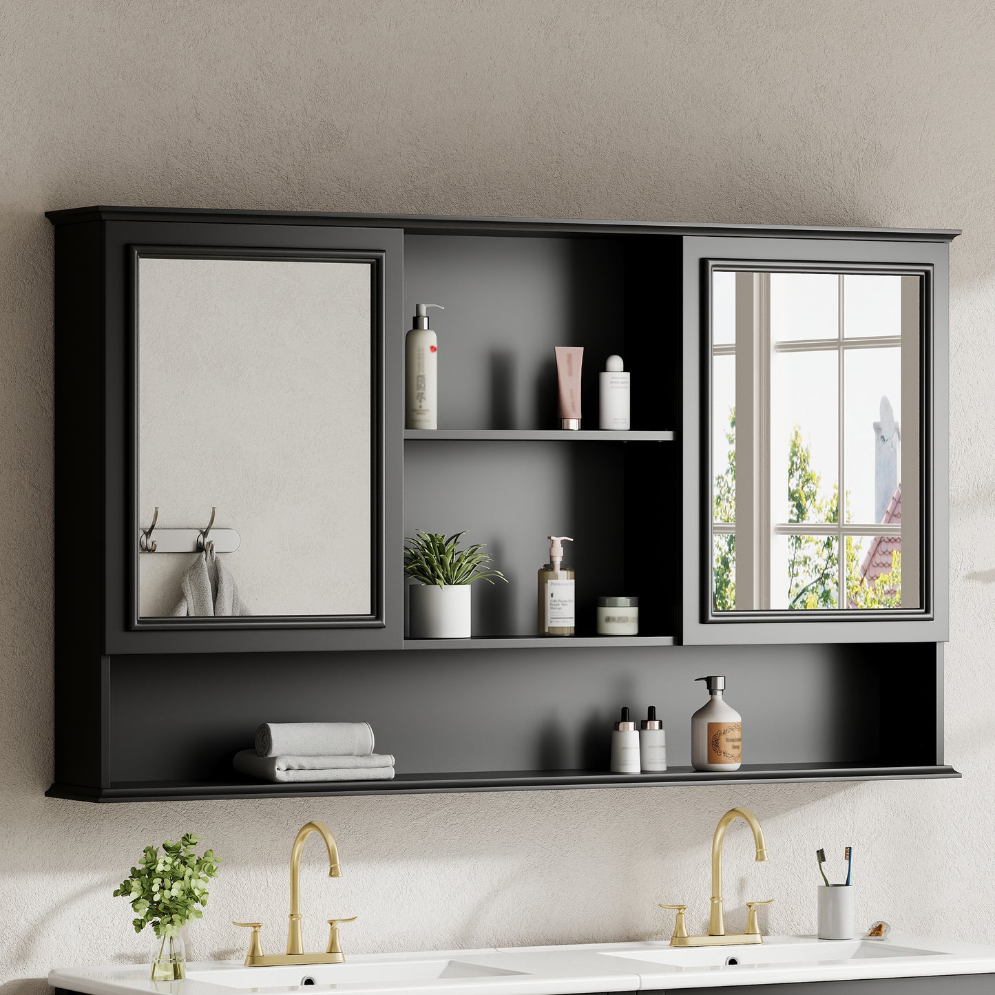 Video 60 Wall-Mounted Bathroom Medicine Cabinet With Double Mirrored Doors, Adjustable Shelves, Open Storage, Soft-Close Hinges, Black