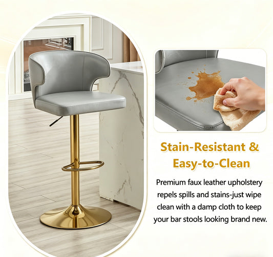Modern Rotating Adjustable Bar Chair, PU Leather Belt Backrest Swivel Chair, Suitable For Kitchen Bar Counter And Dining Room, Adjustable Height, Capable Of Bearing 300 Pounds Grey -2 Pieces