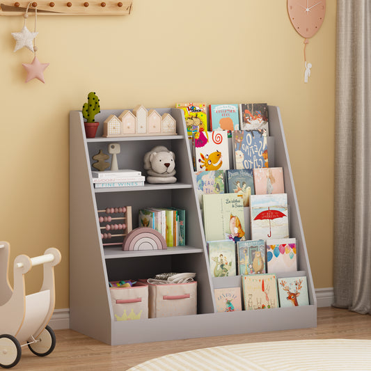 Kids Bookshelf And Toy Storage Organizer, Multifunctional 4 Tier Wooden Kids Book Shelf With Bookcase Display Stand In Kids Room Playroom Nursery For Kids, Children, Toddlers Gray