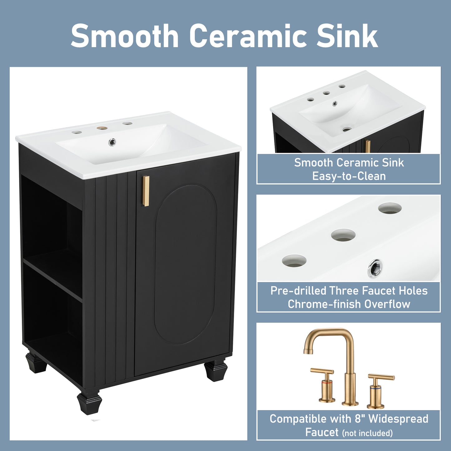 24 Bathroom Vanity With Sink, Bathroom Cabinet With Door Shelf, Side Open Storage, Solid Wood Frame,Soft Closing Door, Black