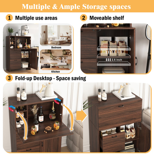 Desk Cabinet, With Storage Drawer & Shelves, Fold-up Desktop, Ideal For Home, Office, Kitchen Storage Organizer, Dormitory, Small Spaces W31.49xD13.78xH47.2